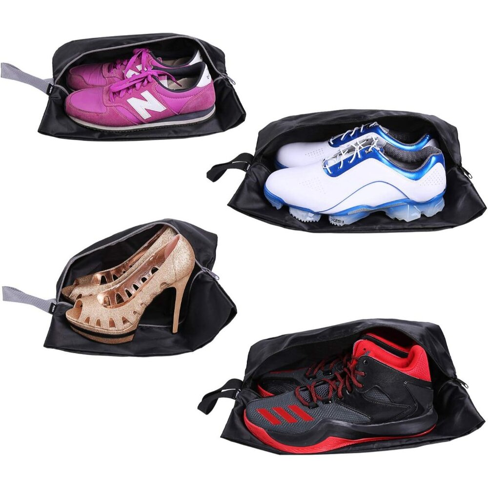 Travel Shoe Bags Set of 4 Waterproof Nylon with Zipper for Men & Women, Black